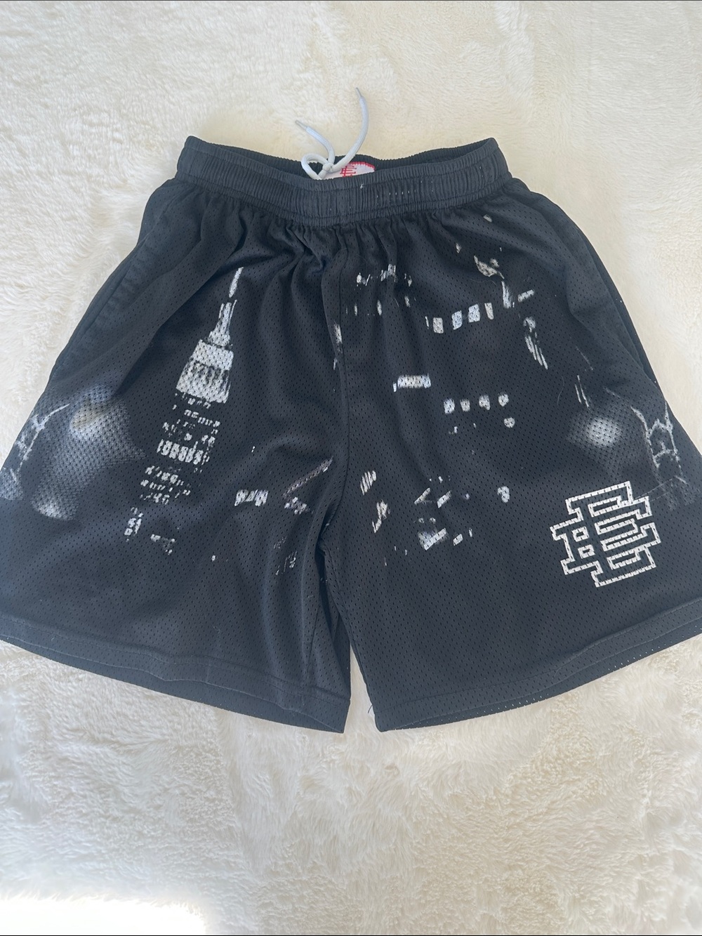Eric Emanuel Black Athletic Mesh Shorts with White Graphic